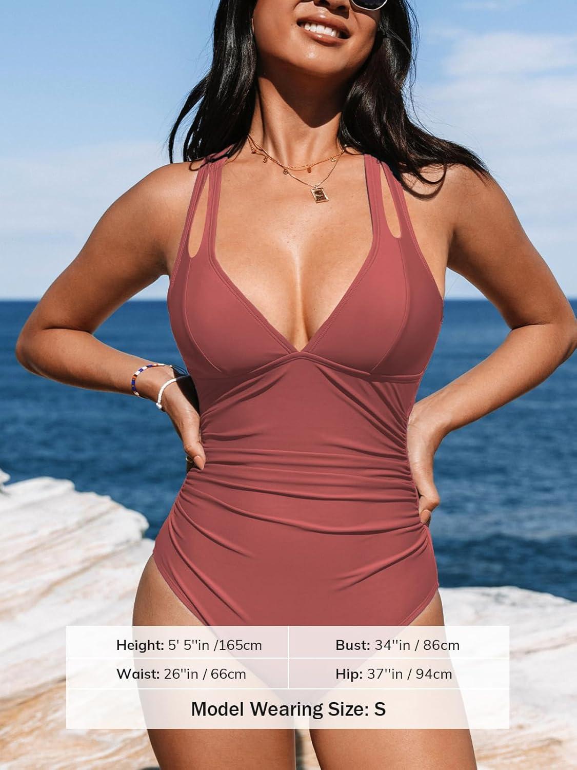 imageCUPSHE Womens One Piece Swimsuit Tummy Control Deep V Neck Double Straps Crisscross Back Tie Bathing SuitBrick Red