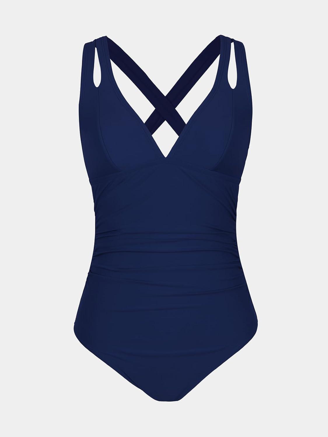 imageCUPSHE Womens One Piece Swimsuit Tummy Control Deep V Neck Double Straps Crisscross Back Tie Bathing SuitDark Blue