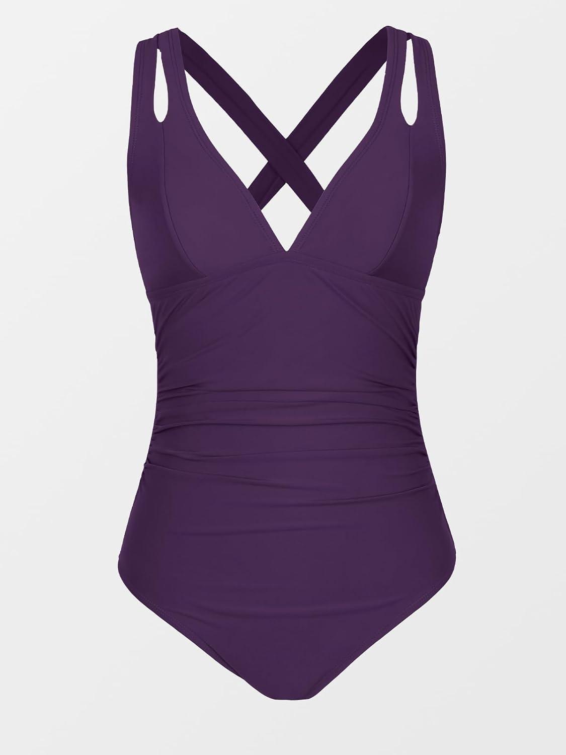imageCUPSHE Womens One Piece Swimsuit Tummy Control Deep V Neck Double Straps Crisscross Back Tie Bathing SuitDark Purple