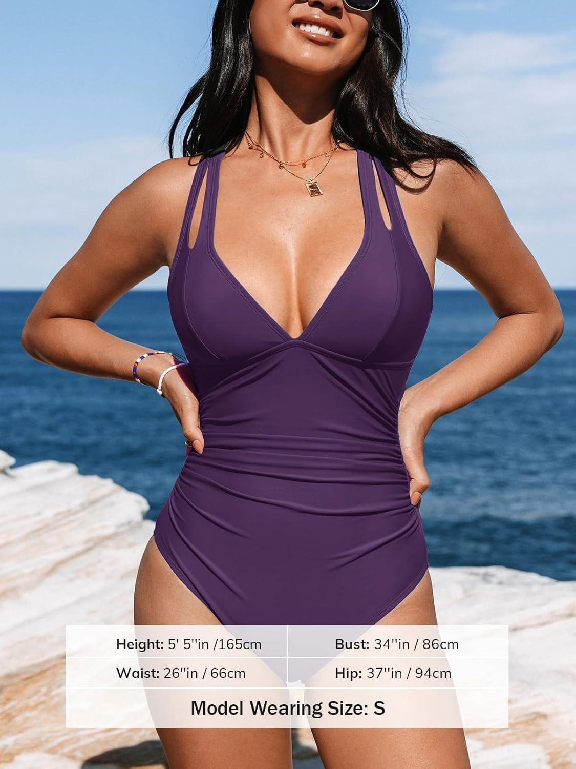 imageCUPSHE Womens One Piece Swimsuit Tummy Control Deep V Neck Double Straps Crisscross Back Tie Bathing SuitDark Purple