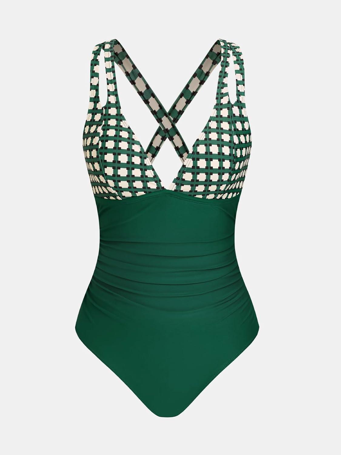 imageCUPSHE Womens One Piece Swimsuit Tummy Control Deep V Neck Double Straps Crisscross Back Tie Bathing SuitEmerald GreenGeo