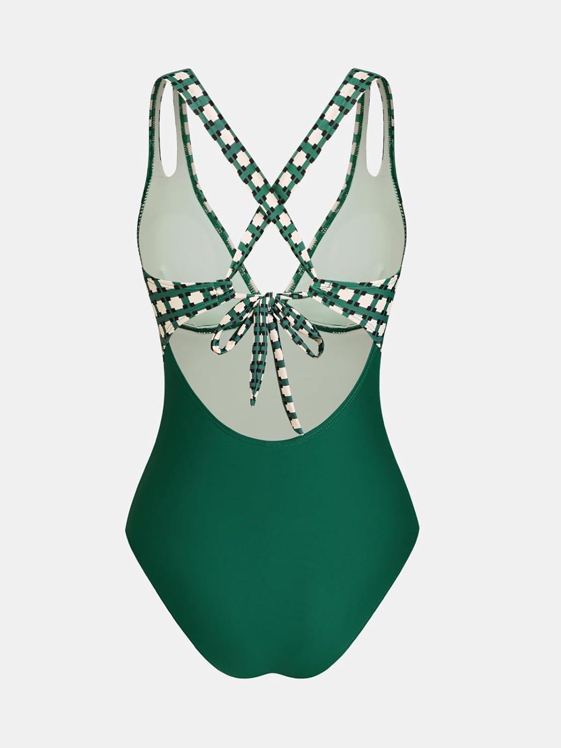 imageCUPSHE Womens One Piece Swimsuit Tummy Control Deep V Neck Double Straps Crisscross Back Tie Bathing SuitEmerald GreenGeo
