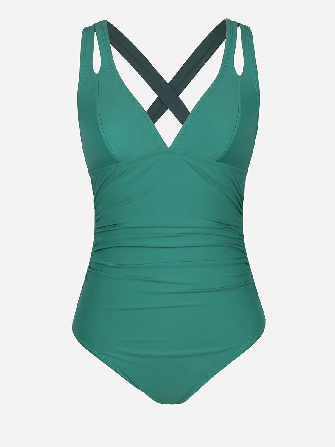 imageCUPSHE Womens One Piece Swimsuit Tummy Control Deep V Neck Double Straps Crisscross Back Tie Bathing SuitGreen