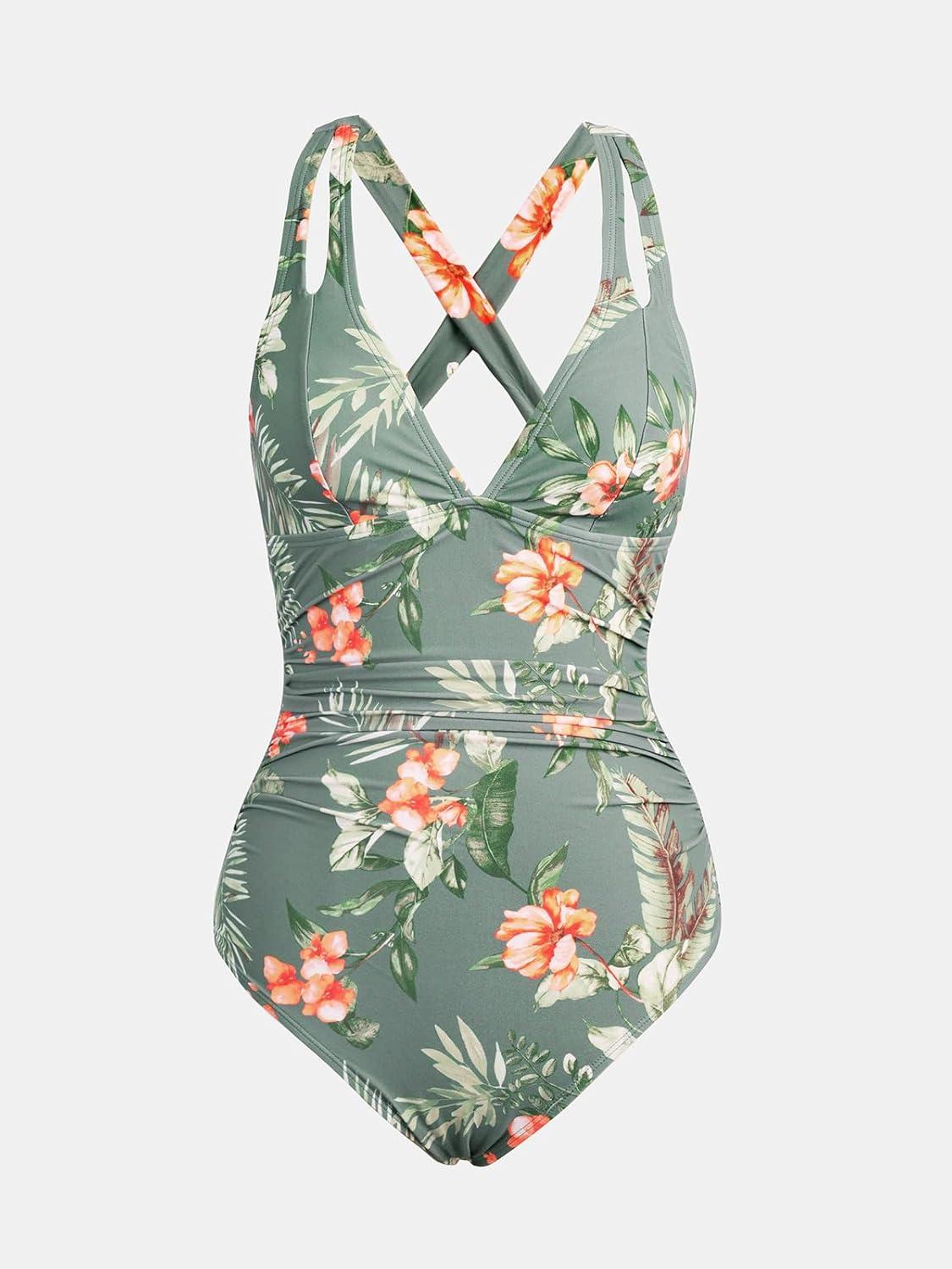 imageCUPSHE Womens One Piece Swimsuit Tummy Control Deep V Neck Double Straps Crisscross Back Tie Bathing SuitMoss GreenTropical