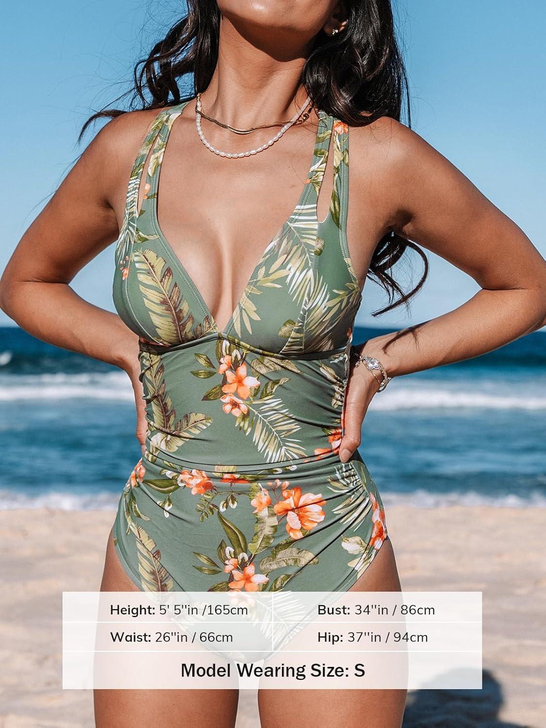 imageCUPSHE Womens One Piece Swimsuit Tummy Control Deep V Neck Double Straps Crisscross Back Tie Bathing SuitMoss GreenTropical