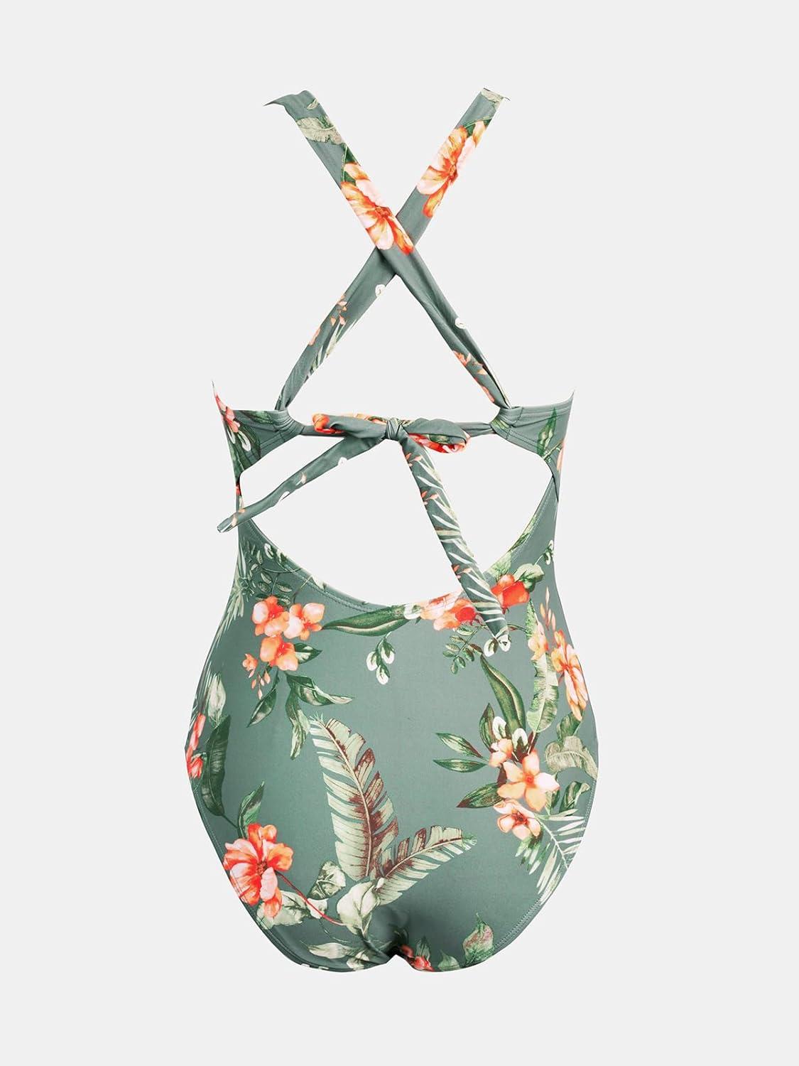 imageCUPSHE Womens One Piece Swimsuit Tummy Control Deep V Neck Double Straps Crisscross Back Tie Bathing SuitMoss GreenTropical