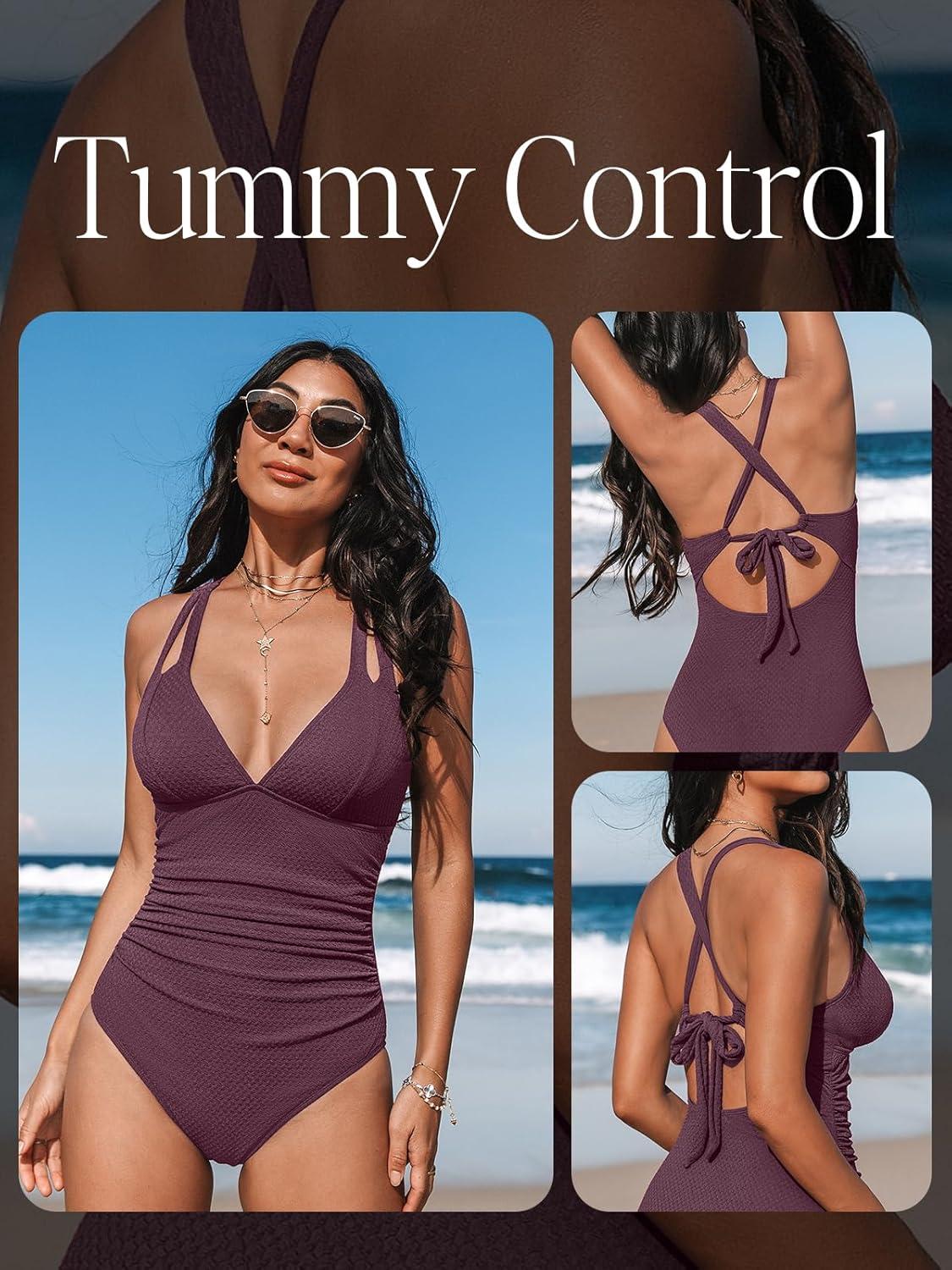 imageCUPSHE Womens One Piece Swimsuit Tummy Control Deep V Neck Double Straps Crisscross Back Tie Bathing SuitPurple Brown