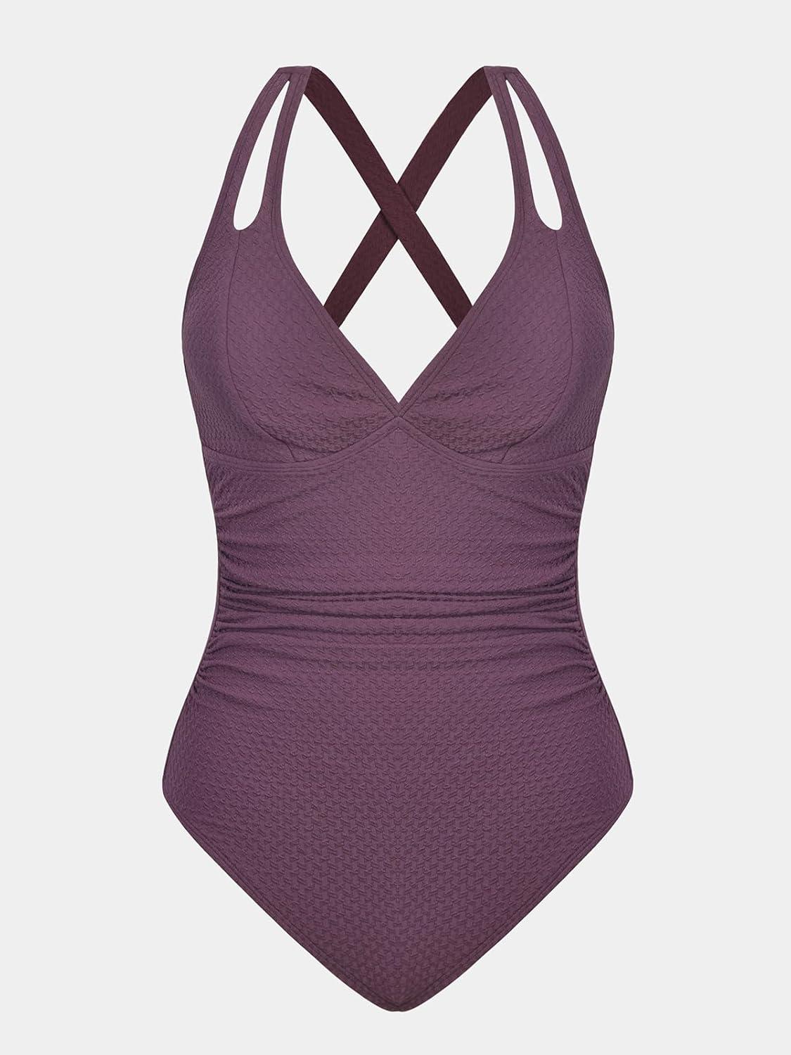 imageCUPSHE Womens One Piece Swimsuit Tummy Control Deep V Neck Double Straps Crisscross Back Tie Bathing SuitPurple Brown