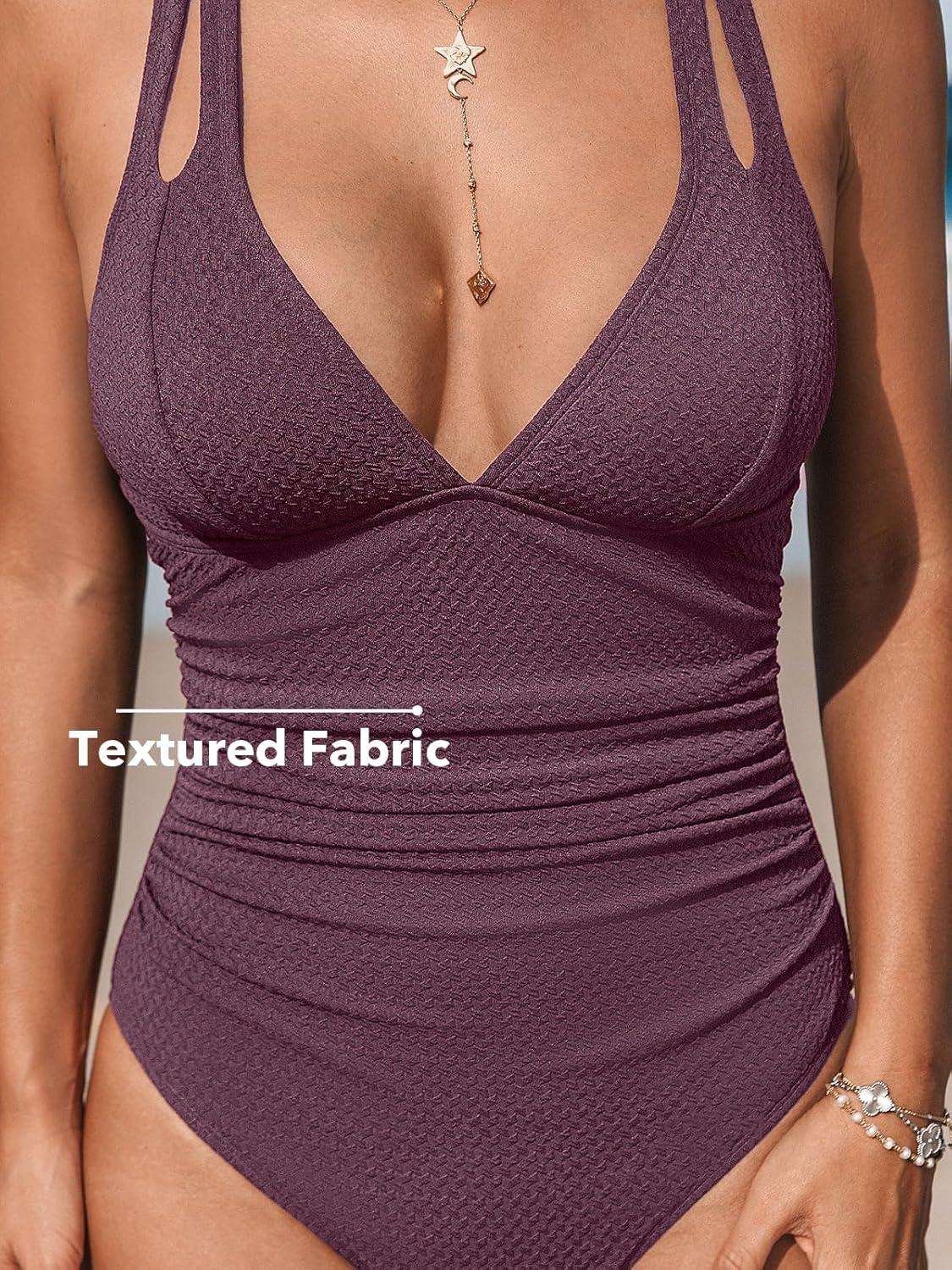 imageCUPSHE Womens One Piece Swimsuit Tummy Control Deep V Neck Double Straps Crisscross Back Tie Bathing SuitPurple Brown