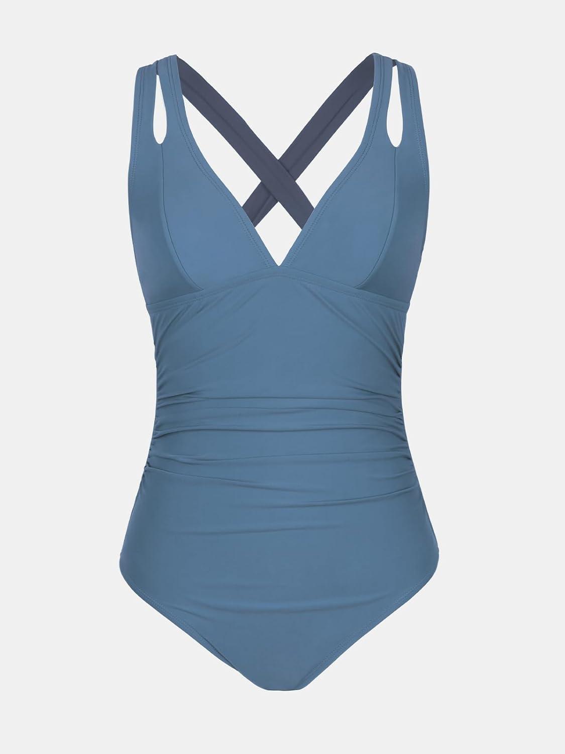 imageCUPSHE Womens One Piece Swimsuit Tummy Control Deep V Neck Double Straps Crisscross Back Tie Bathing SuitStone Blue