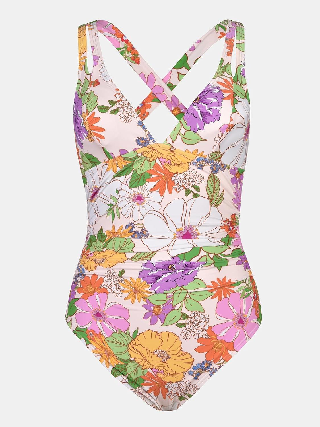 imageCUPSHE Womens One Piece Swimsuit Tummy Control Deep V Neck Double Straps Crisscross Back Tie Bathing SuitWhitePink Floral