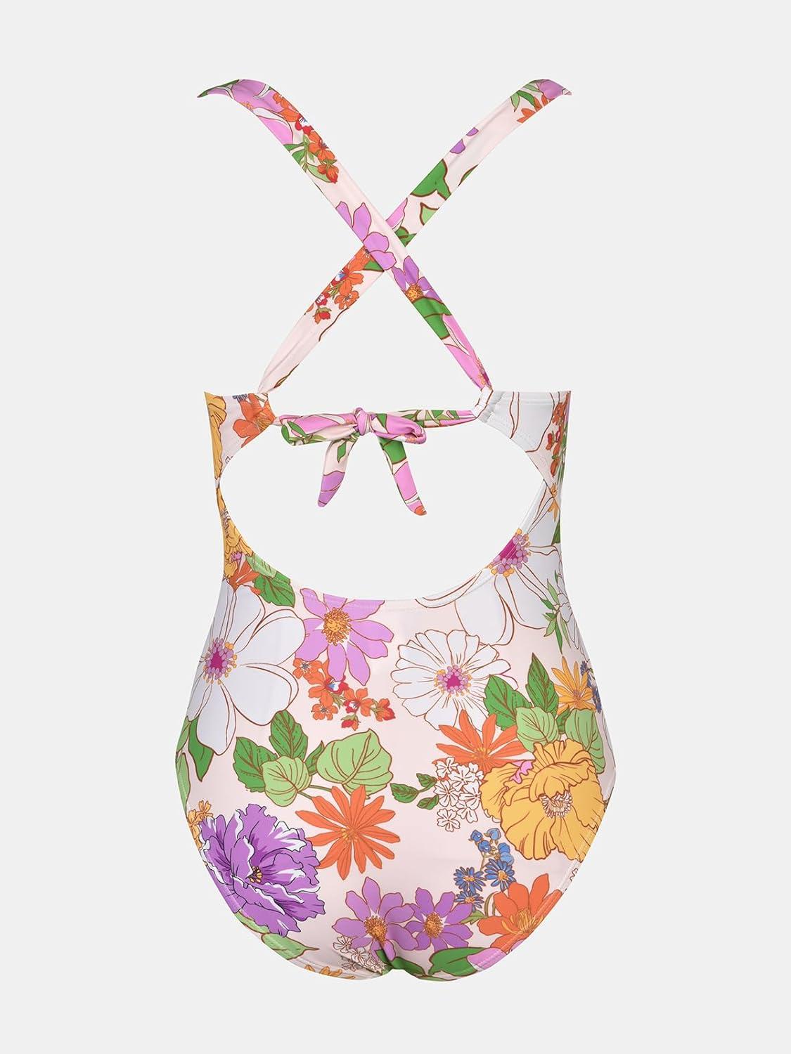 imageCUPSHE Womens One Piece Swimsuit Tummy Control Deep V Neck Double Straps Crisscross Back Tie Bathing SuitWhitePink Floral