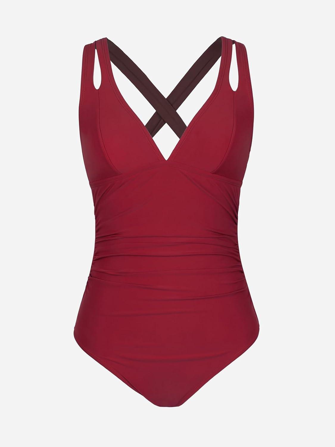 imageCUPSHE Womens One Piece Swimsuit Tummy Control Deep V Neck Double Straps Crisscross Back Tie Bathing SuitWine Red