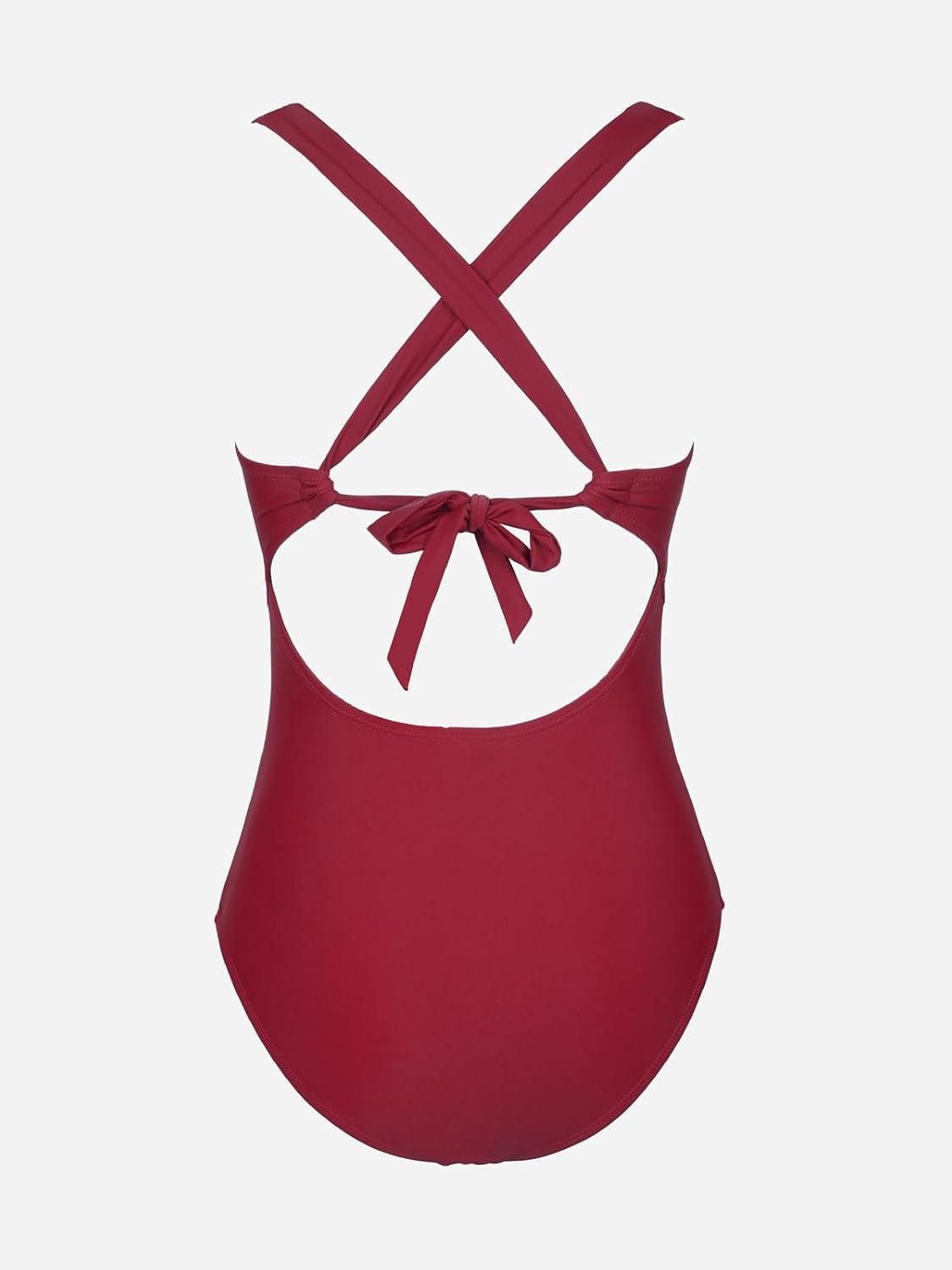 imageCUPSHE Womens One Piece Swimsuit Tummy Control Deep V Neck Double Straps Crisscross Back Tie Bathing SuitWine Red