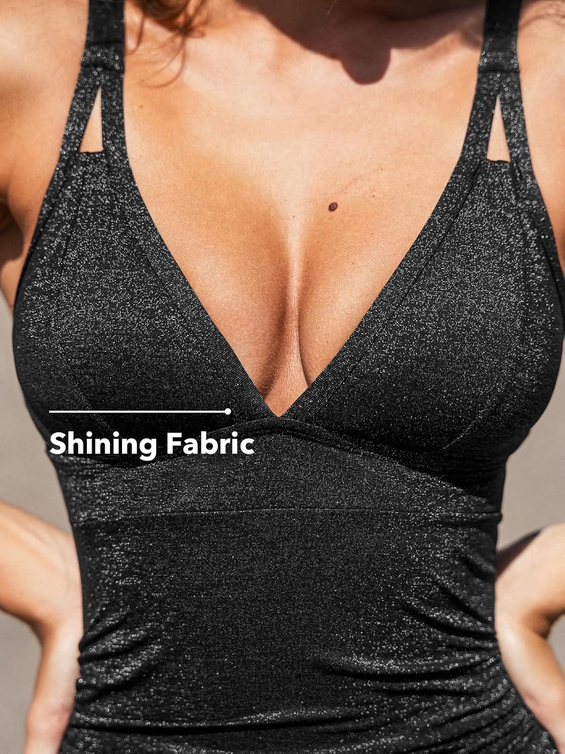 imageCUPSHE Womens One Piece Swimsuit Tummy Control V Neck Bathing Suit Ruched Slimming Swimwear Shining Cutout Back HookBlack