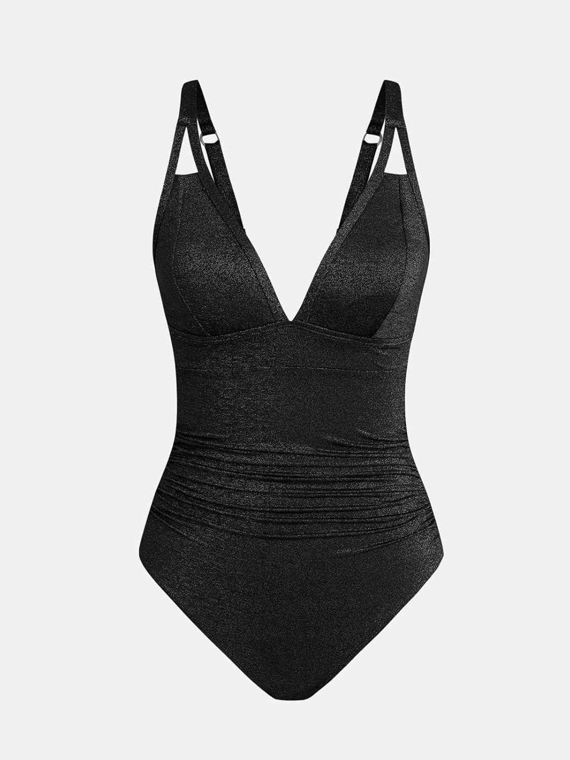 imageCUPSHE Womens One Piece Swimsuit Tummy Control V Neck Bathing Suit Ruched Slimming Swimwear Shining Cutout Back HookBlack