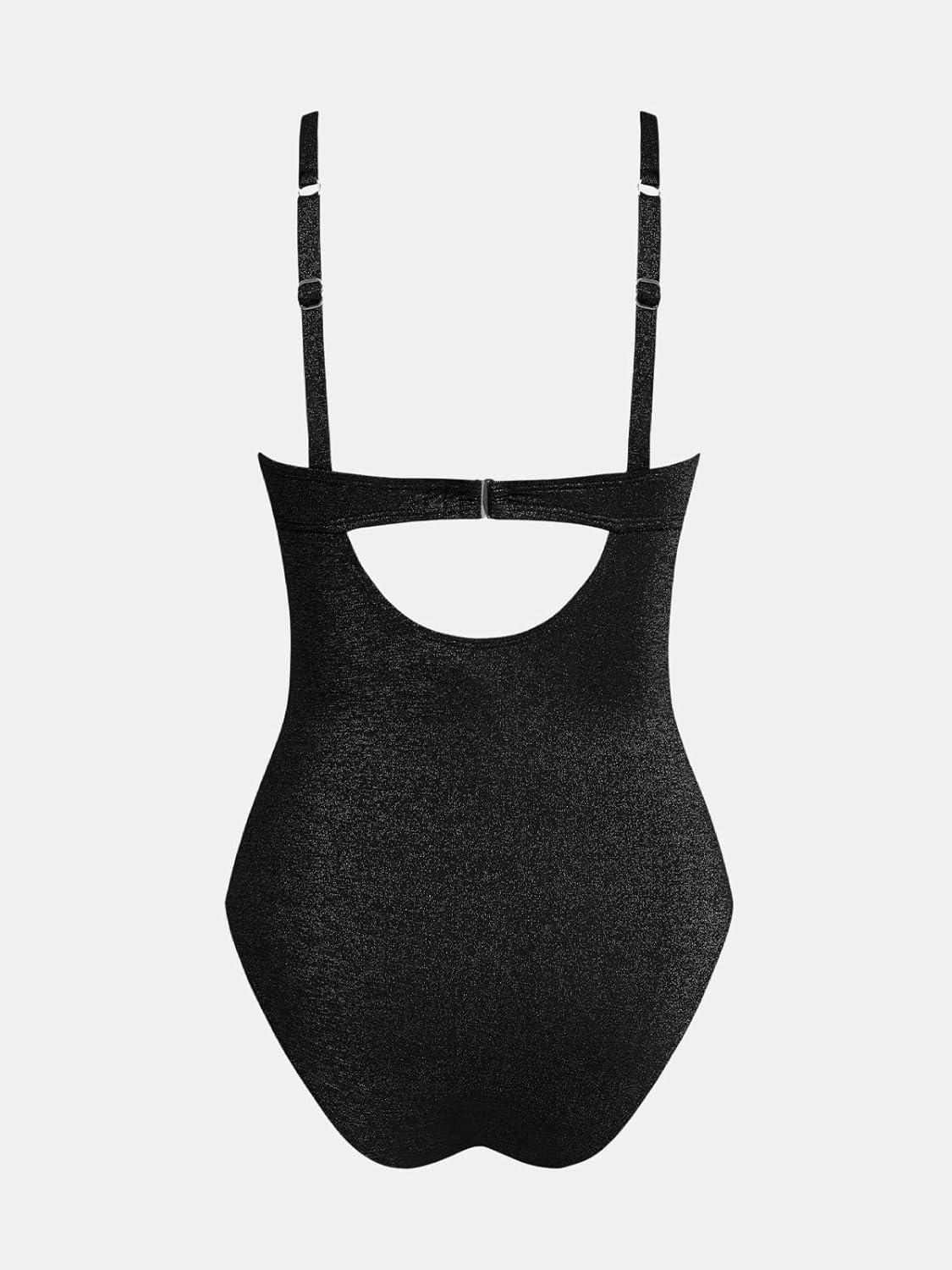 imageCUPSHE Womens One Piece Swimsuit Tummy Control V Neck Bathing Suit Ruched Slimming Swimwear Shining Cutout Back HookBlack