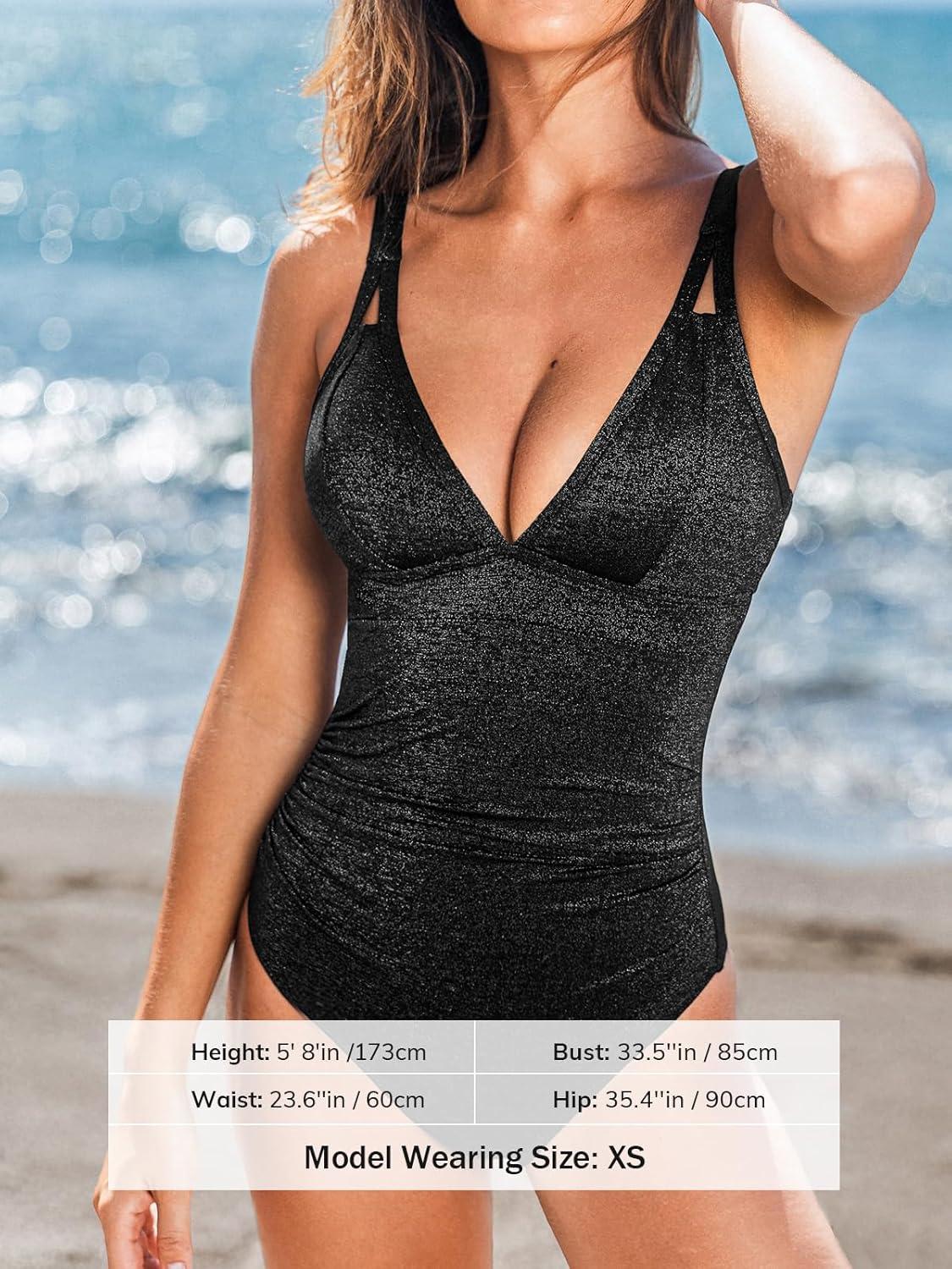 imageCUPSHE Womens One Piece Swimsuit Tummy Control V Neck Bathing Suit Ruched Slimming Swimwear Shining Cutout Back HookBlack