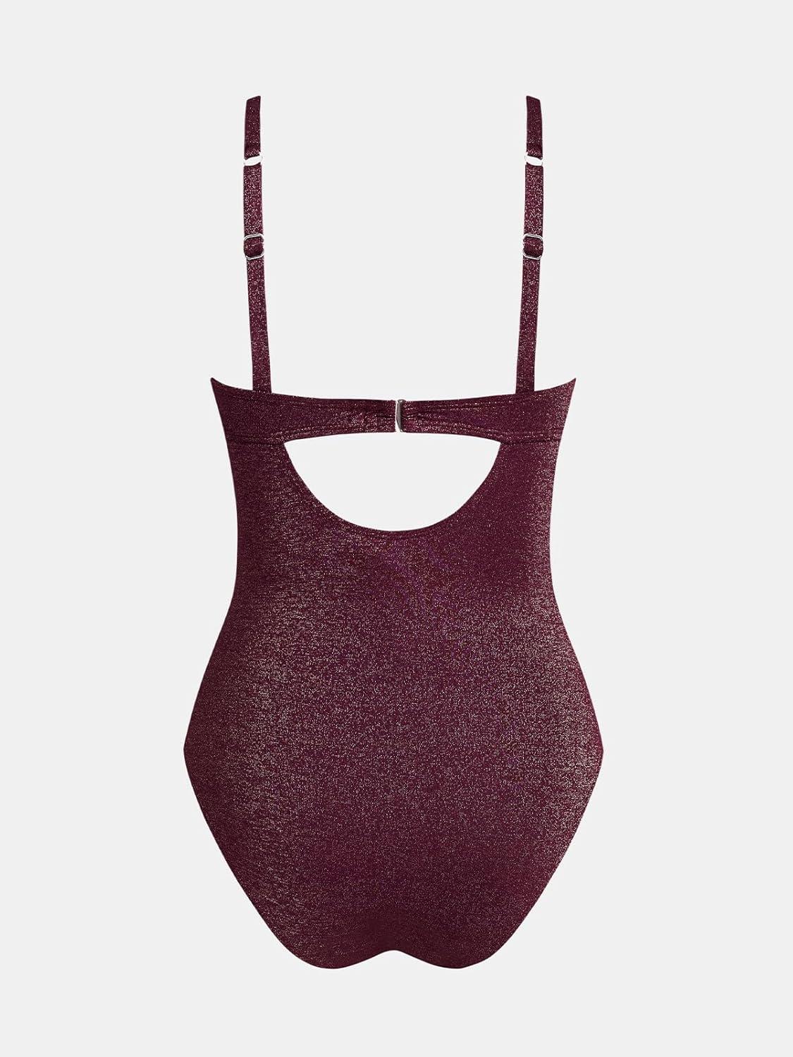 imageCUPSHE Womens One Piece Swimsuit Tummy Control V Neck Bathing Suit Ruched Slimming Swimwear Shining Cutout Back HookBrown