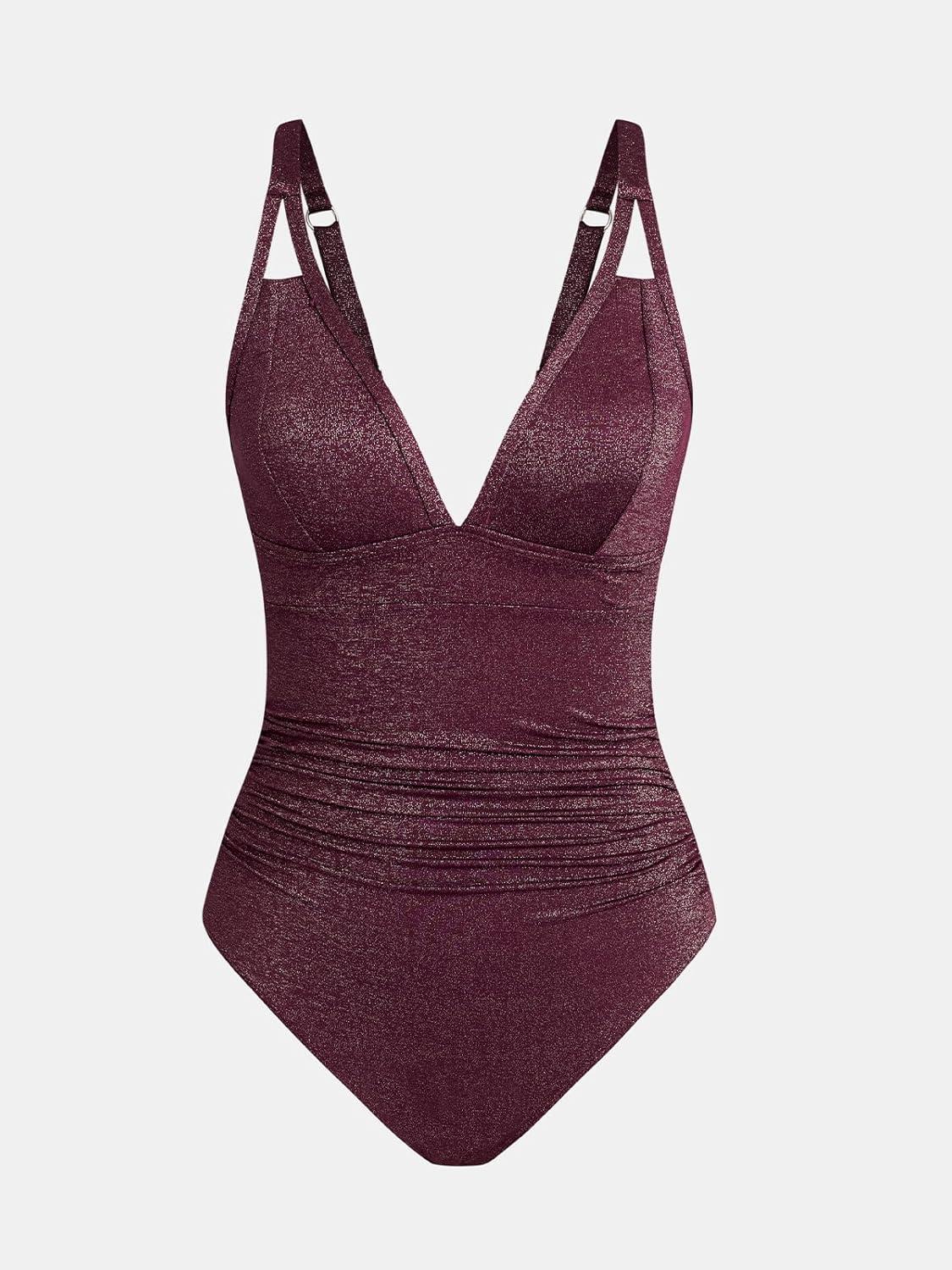 imageCUPSHE Womens One Piece Swimsuit Tummy Control V Neck Bathing Suit Ruched Slimming Swimwear Shining Cutout Back HookBrown
