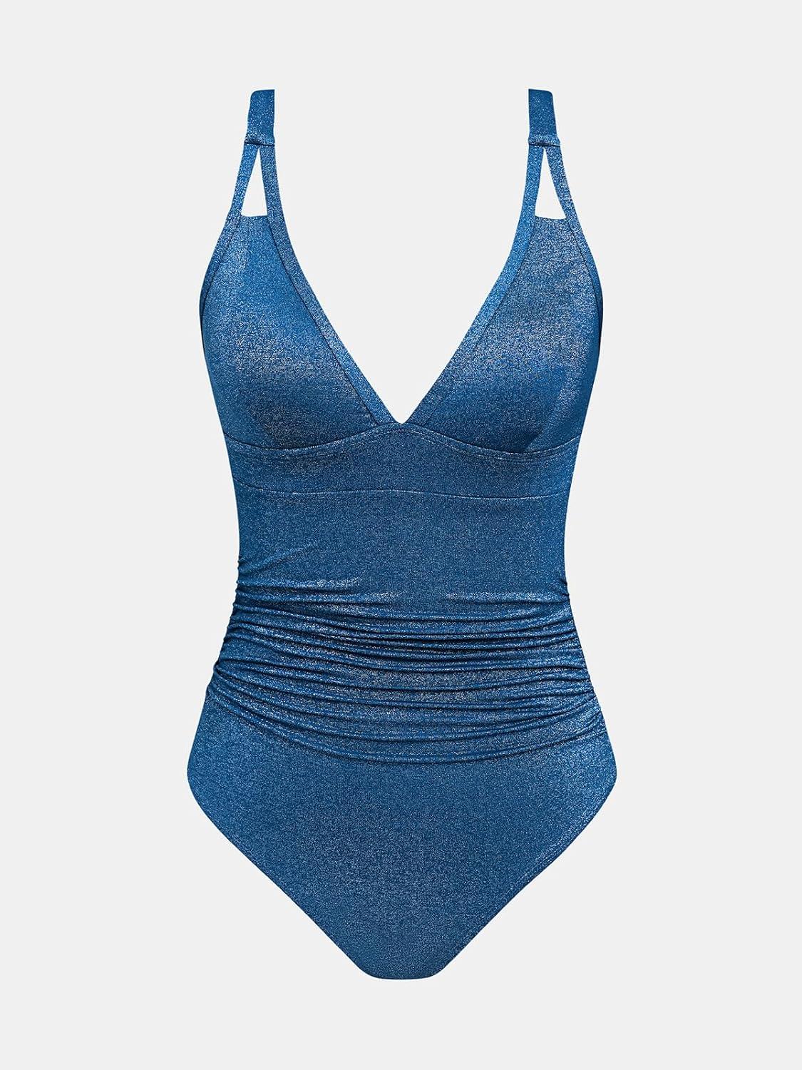 imageCUPSHE Womens One Piece Swimsuit Tummy Control V Neck Bathing Suit Ruched Slimming Swimwear Shining Cutout Back HookDark Blue