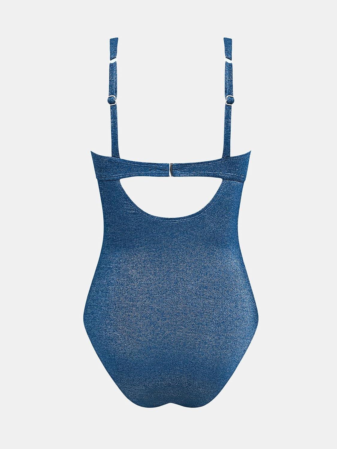 imageCUPSHE Womens One Piece Swimsuit Tummy Control V Neck Bathing Suit Ruched Slimming Swimwear Shining Cutout Back HookDark Blue