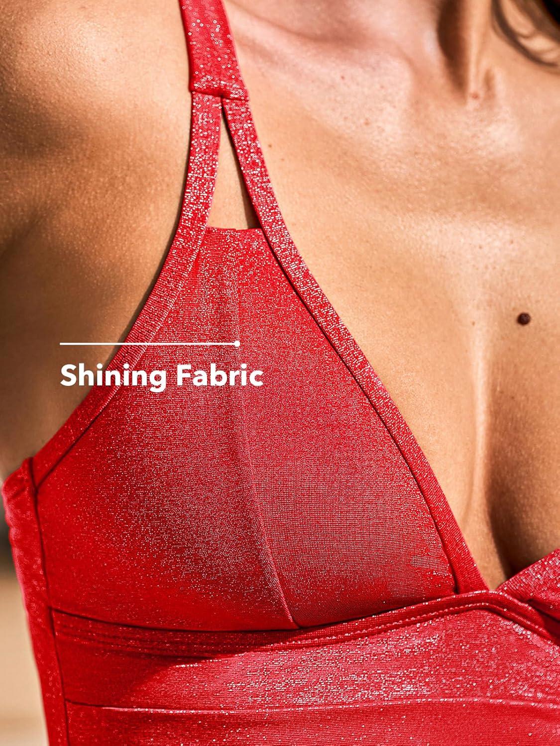 imageCUPSHE Womens One Piece Swimsuit Tummy Control V Neck Bathing Suit Ruched Slimming Swimwear Shining Cutout Back HookRed