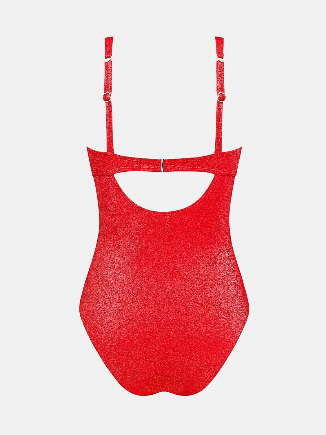 imageCUPSHE Womens One Piece Swimsuit Tummy Control V Neck Bathing Suit Ruched Slimming Swimwear Shining Cutout Back HookRed