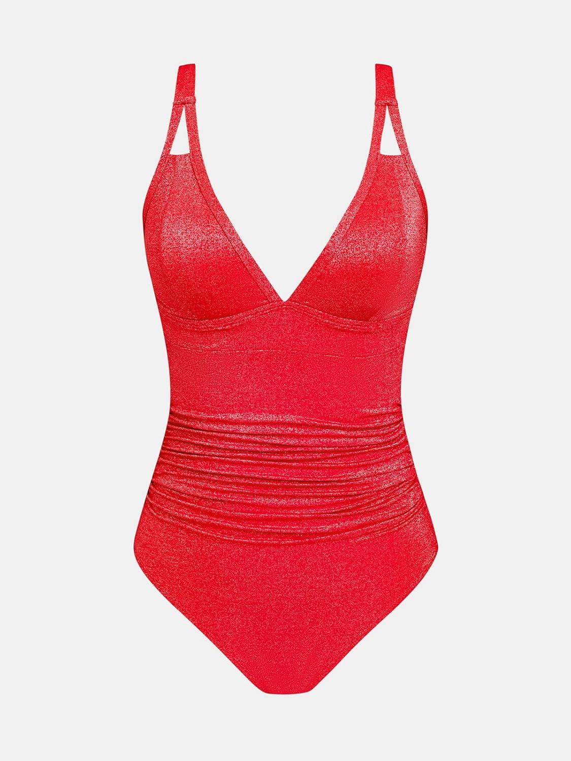 imageCUPSHE Womens One Piece Swimsuit Tummy Control V Neck Bathing Suit Ruched Slimming Swimwear Shining Cutout Back HookRed