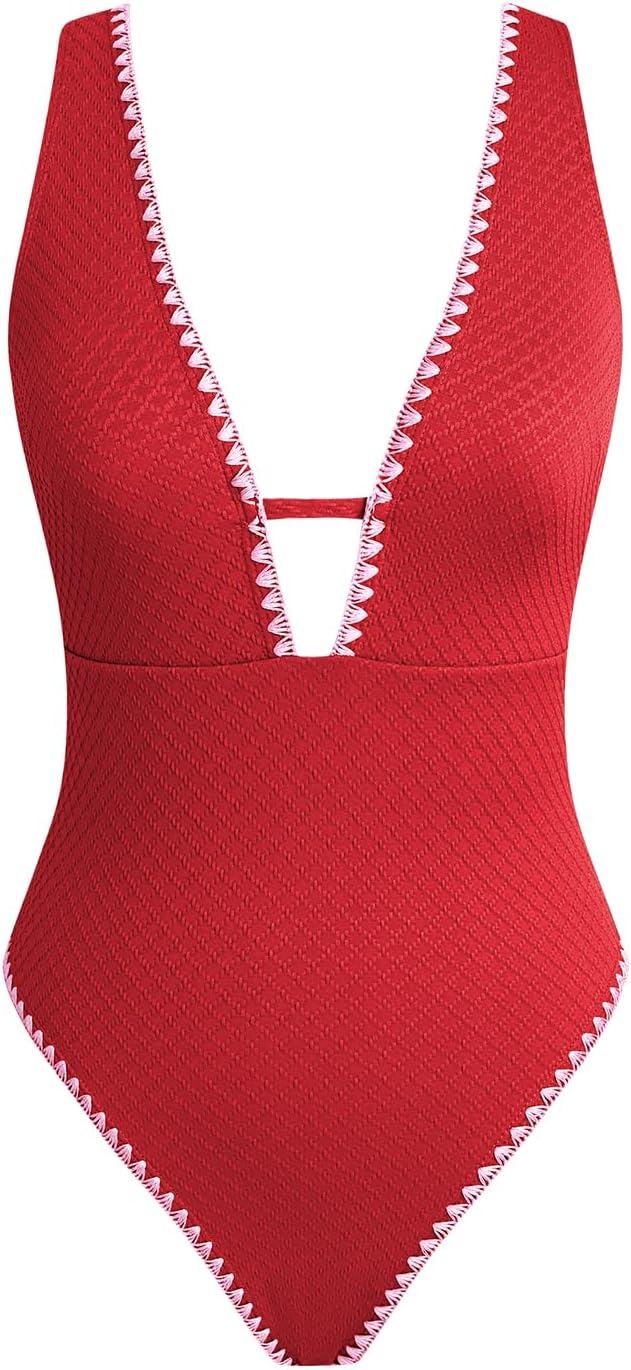 imageCUPSHE Womens One Piece Swimsuit Tummy Control V Neck Cutout Bathing Suit Crisscross Back Textured Cheeky BottomRed