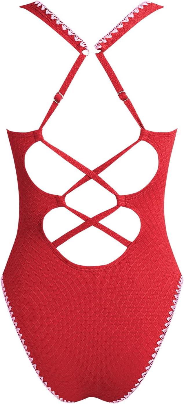 imageCUPSHE Womens One Piece Swimsuit Tummy Control V Neck Cutout Bathing Suit Crisscross Back Textured Cheeky BottomRed