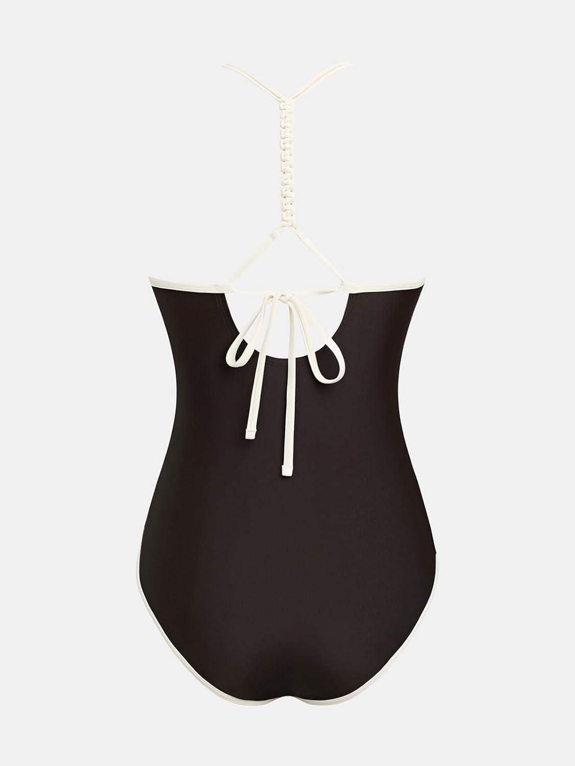 imageCUPSHE Womens One Piece Swimsuit V Neck Bathing Suit Cutout Back Self Tie Double StrapsDark BrownBeige