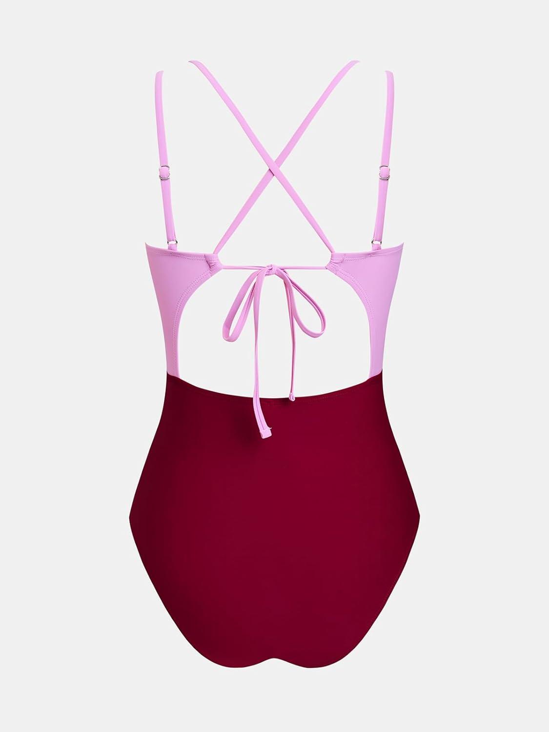 imageCUPSHE Womens One Piece Swimsuit V Neck Twist Bathing Suit Adjustable Double Straps Cutout Crisscross Back Self TieLavenderBurgundy Red