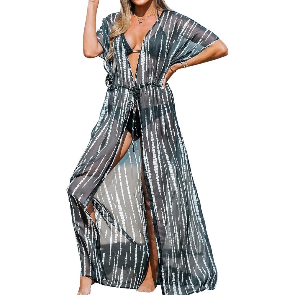 imageCUPSHE Kimono Swimsuit Coverup for Women Open Front Striped Maxi Cardigan Beach Cover UpBlack