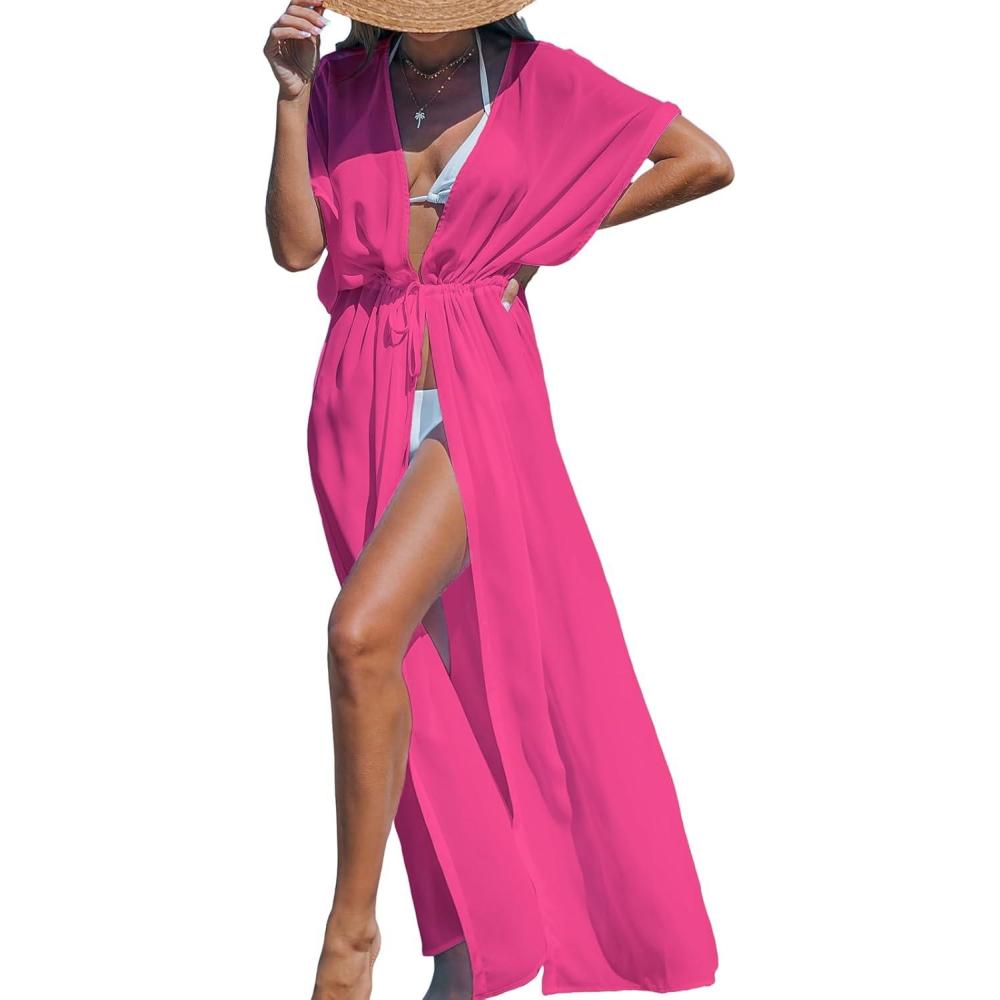 imageCUPSHE Kimono Swimsuit Coverup for Women Open Front Striped Maxi Cardigan Beach Cover UpHot Pink