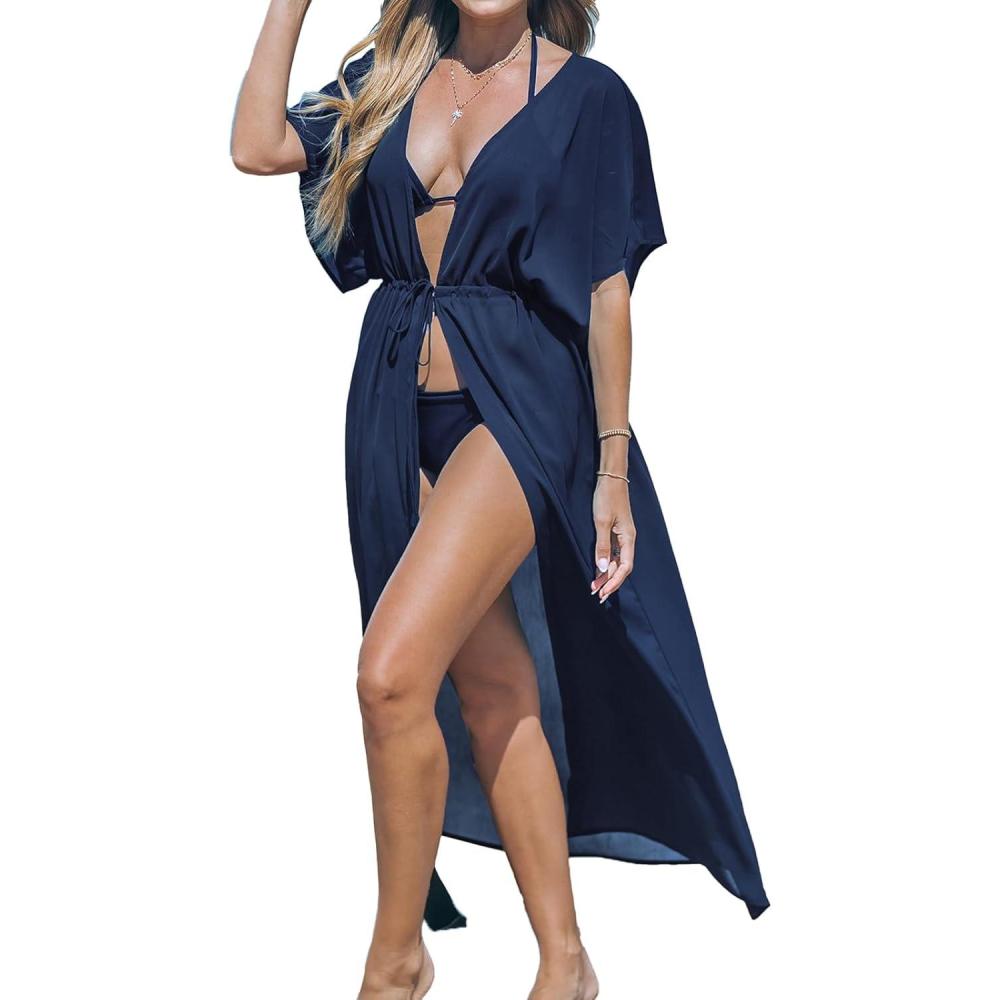 imageCUPSHE Kimono Swimsuit Coverup for Women Open Front Striped Maxi Cardigan Beach Cover UpNavy Blue