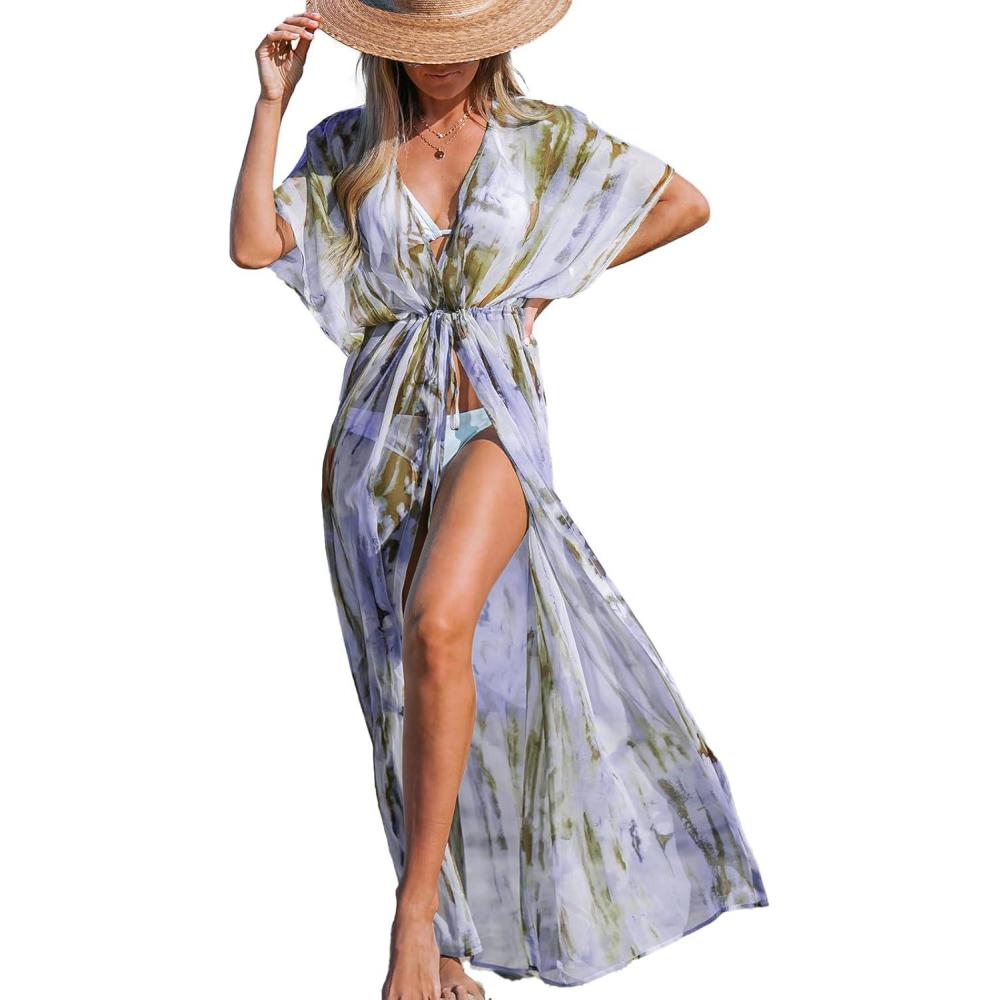 imageCUPSHE Kimono Swimsuit Coverup for Women Open Front Striped Maxi Cardigan Beach Cover UpPurple Leaf