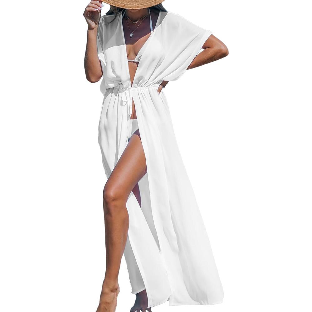 imageCUPSHE Kimono Swimsuit Coverup for Women Open Front Striped Maxi Cardigan Beach Cover UpSolid White