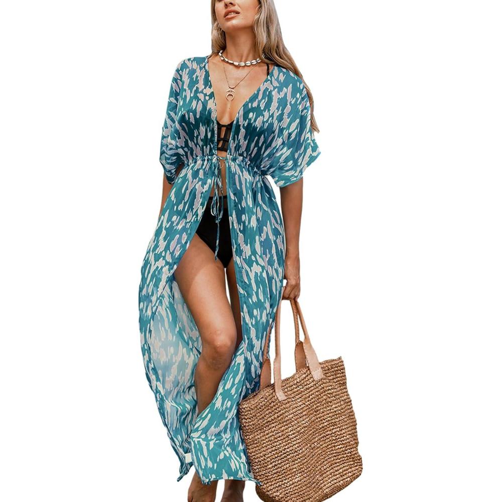 imageCUPSHE Kimono Swimsuit Coverup for Women Open Front Striped Maxi Cardigan Beach Cover UpTurquoise Leopard