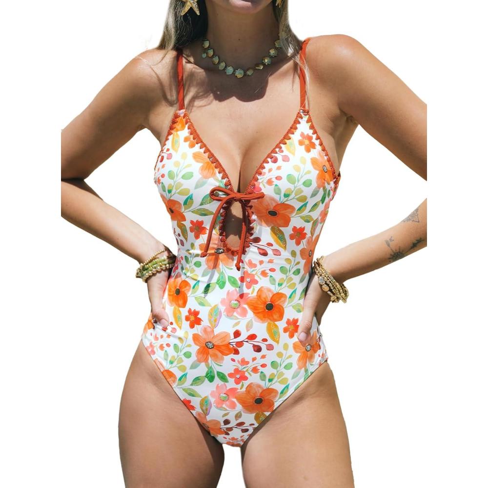 imageCUPSHE One Piece Swimsuit Women Keyhole V Neck Color Block Bathing Suit Cutout Back Crisscross Self Tie SwimwearWhiteOrange Floral