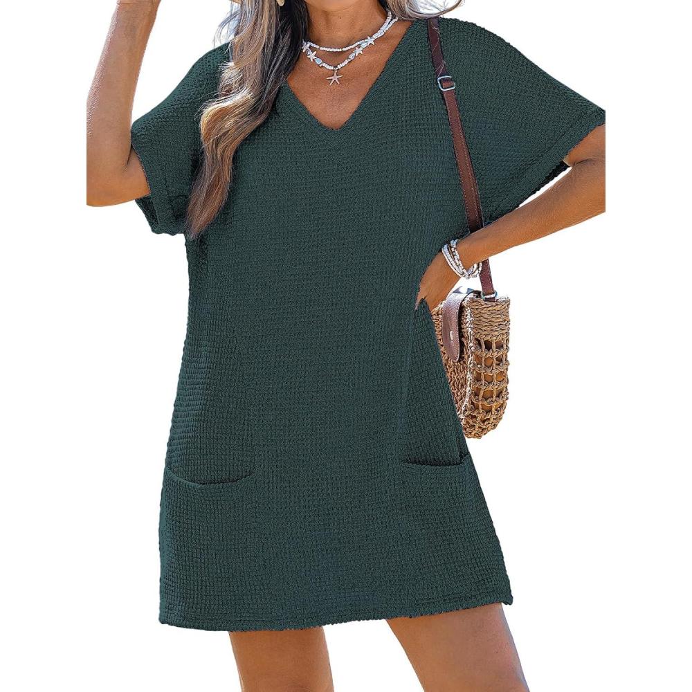 imageCUPSHE Swimsuit Coverup for Women Waffle Knit V Neck Short Sleeve Beach Coverup Dress with PocketsDark Green