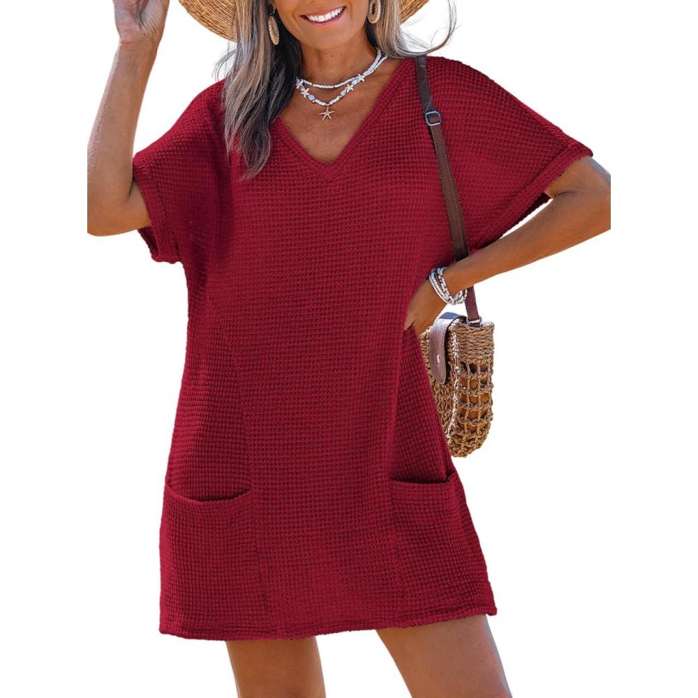 imageCUPSHE Swimsuit Coverup for Women Waffle Knit V Neck Short Sleeve Beach Coverup Dress with PocketsRed