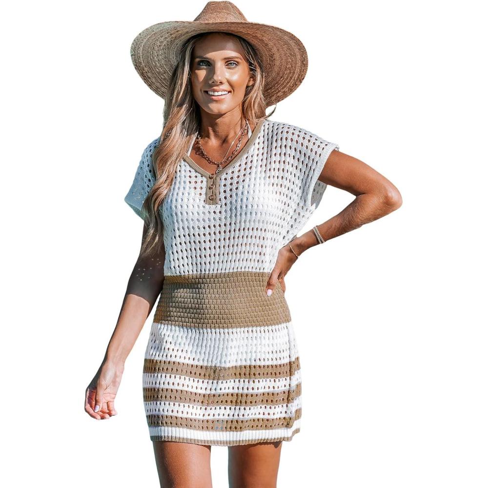 imageCUPSHE Women Crochet Swim Cover Up Short Sleeve V Neck Bathing Suit Beach Dress Summer Swimwear CoverupsStriped Brown