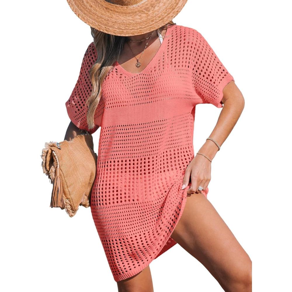 imageCUPSHE Women Crochet Swimsuit Cover Up Short Sleeve Beach Dress V Neck Bathing Suit Coverups for Beach SwimwearPink