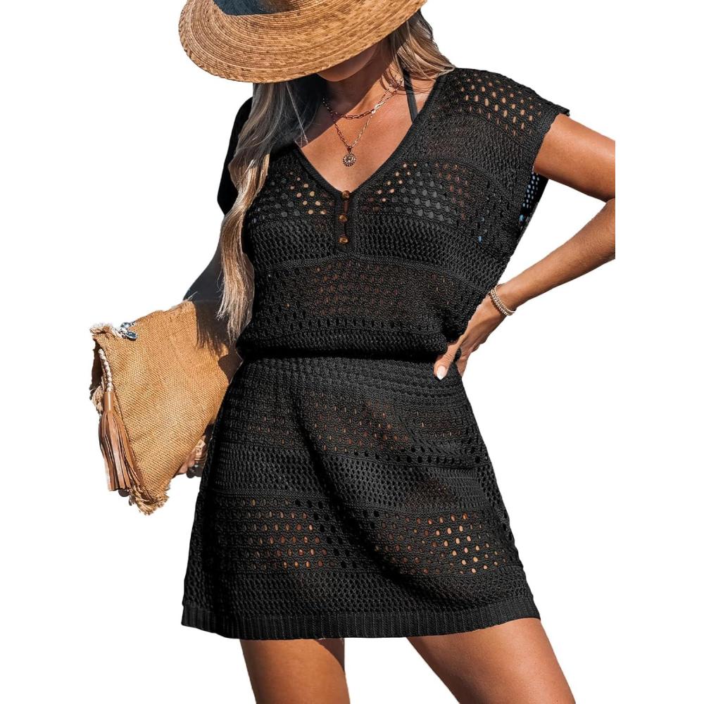 imageCUPSHE Women Crochet Swimsuit Cover Ups Hollow Out Short Sleeve Beach Coverup DressBblack