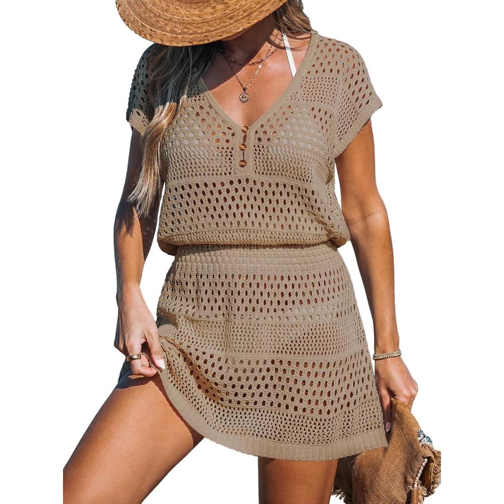imageCUPSHE Women Crochet Swimsuit Cover Ups Hollow Out Short Sleeve Beach Coverup DressBsand