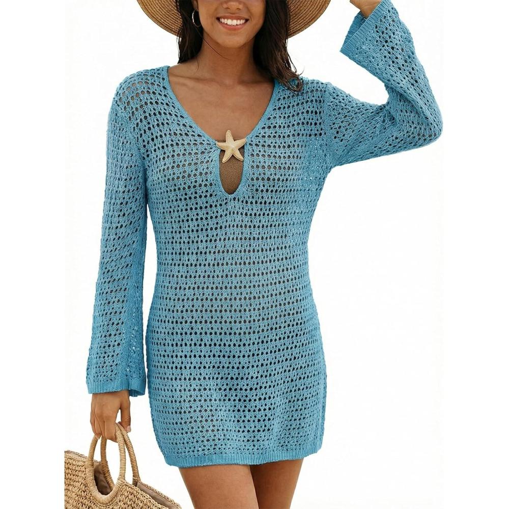 imageCUPSHE Women Crochet Swimsuit Cover Ups Long Sleeve Summer Beach Coverup Dress for SwimwearBlue