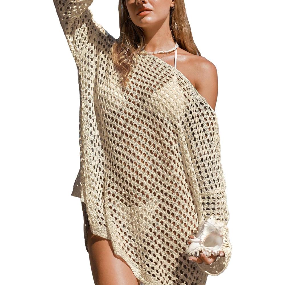 imageCUPSHE Women Crochet Swimsuit Cover Ups One Shoulder Long Sleeve Beach Coverup TopsApricot