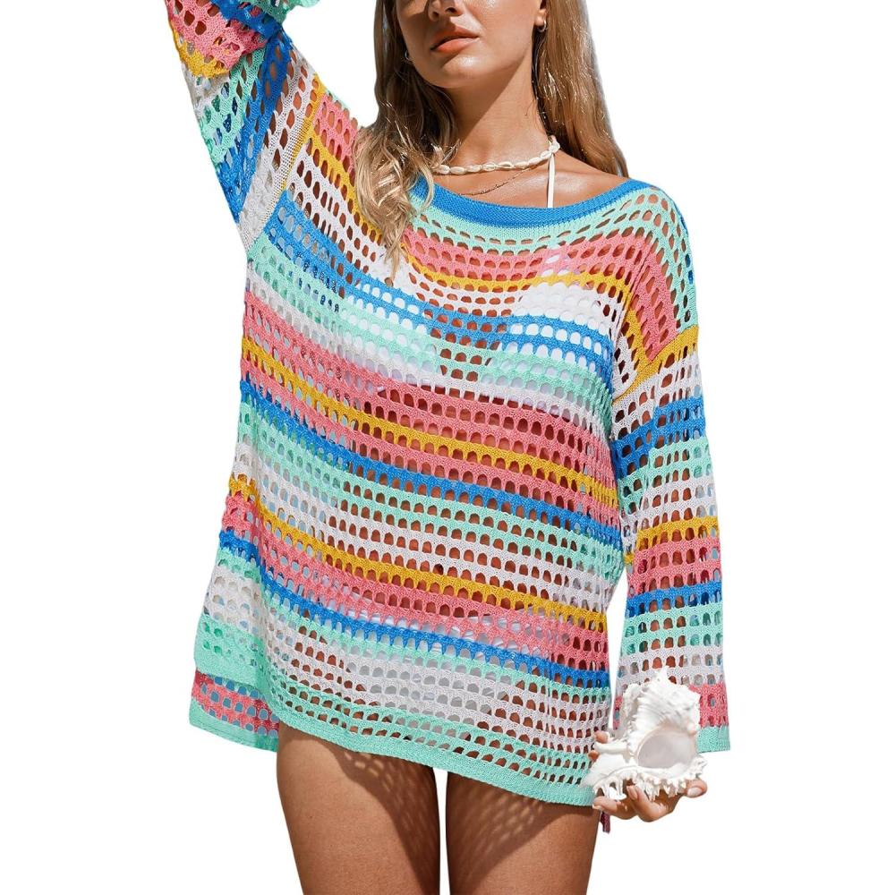 imageCUPSHE Women Crochet Swimsuit Cover Ups One Shoulder Long Sleeve Beach Coverup TopsCyan Striped