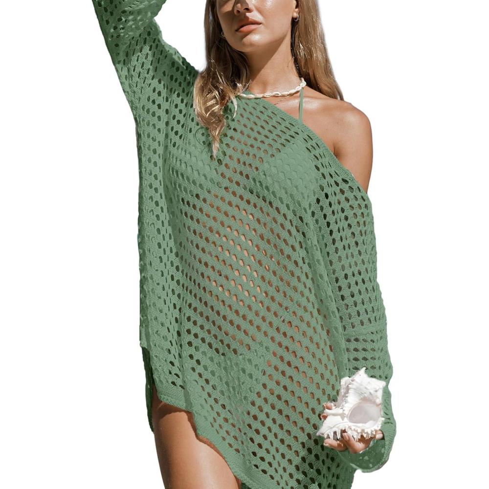imageCUPSHE Women Crochet Swimsuit Cover Ups One Shoulder Long Sleeve Beach Coverup TopsLight Green